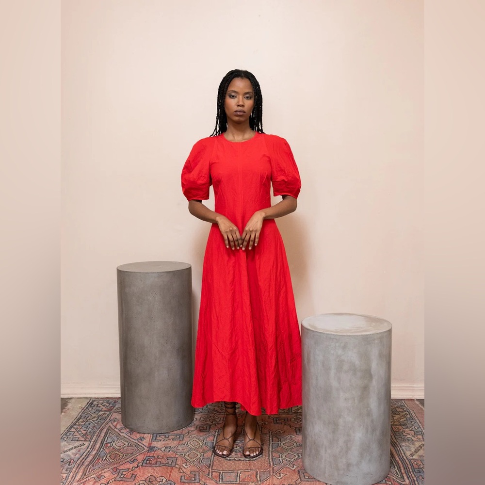 Who What Wear Puff Sleeve Cotton Poplin Vibrant Red Midi Dress Sz M minimalist